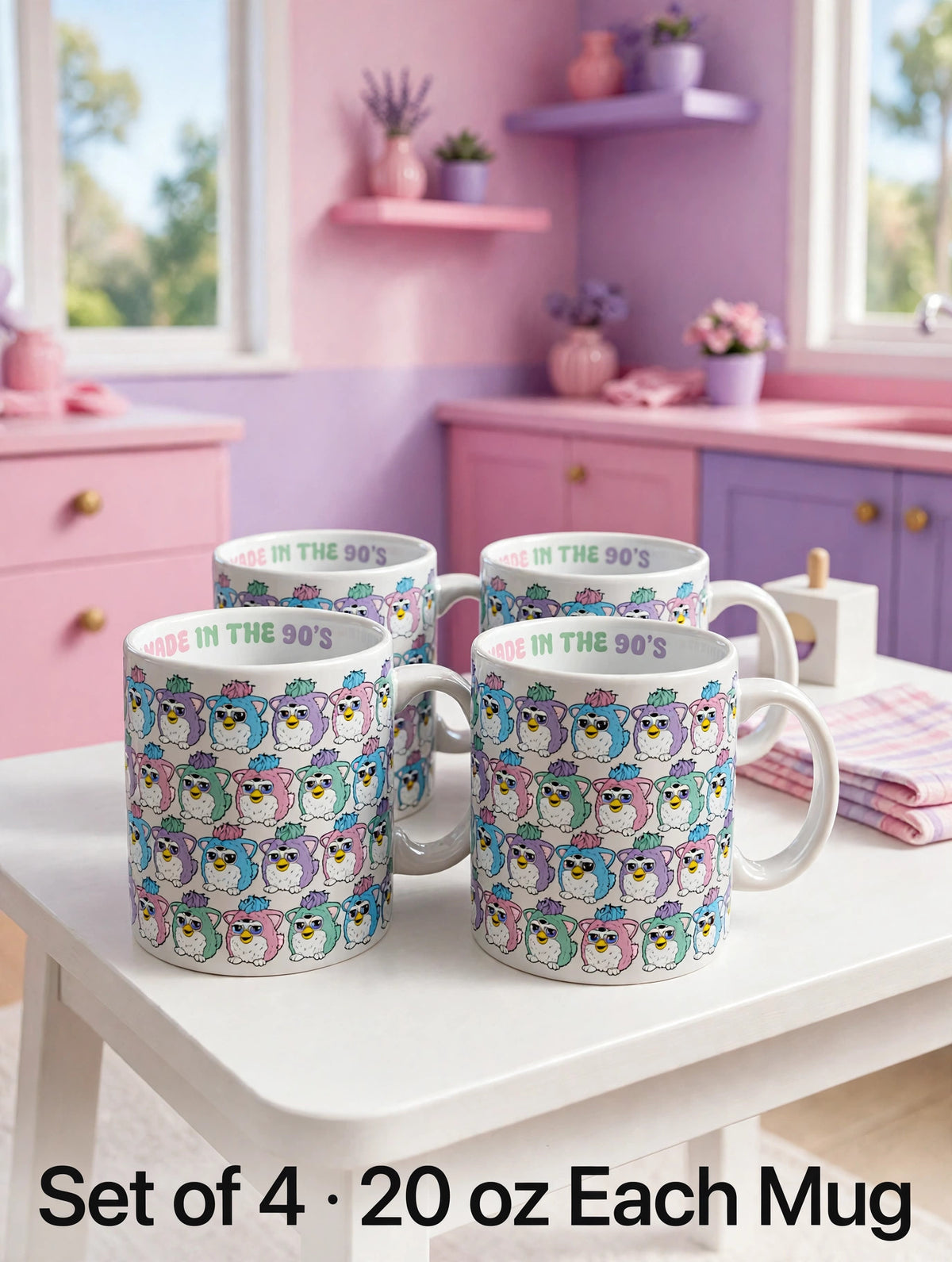 Furby Made in the 90s mugs, set of 4, in a pink and purple kitchen