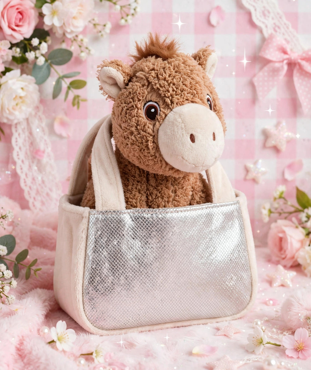 Fuzzy Friends plush horse in a little silver purse