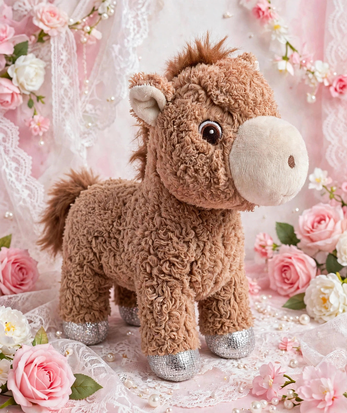 Fuzzy Friends Plush Horse with shiny silver paws