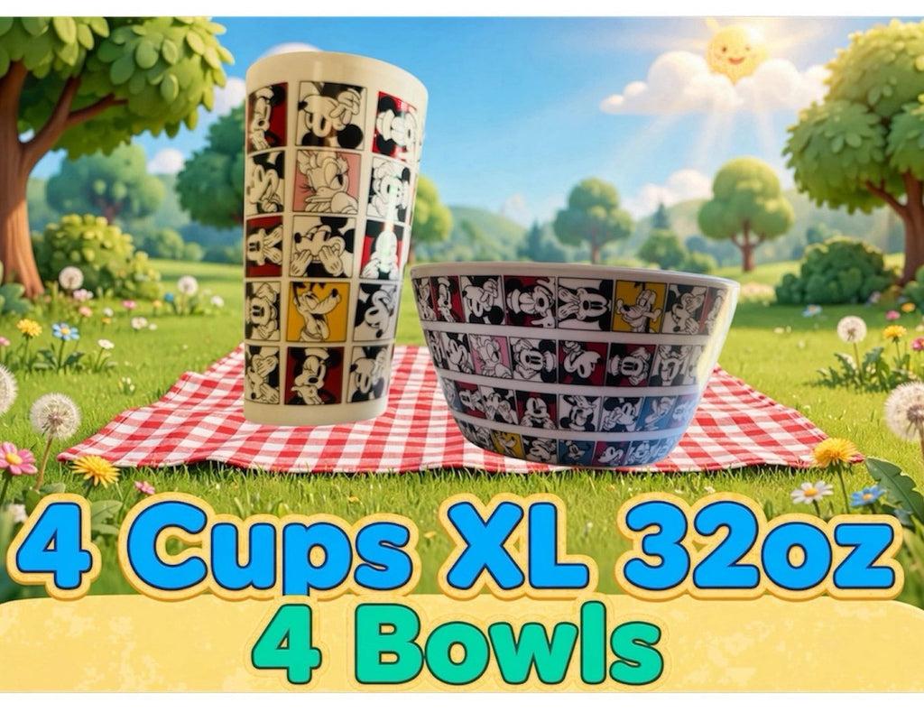 Mickey Mouse Cups (4)and (4)Bowls Full Set (8pcs total) - Disney