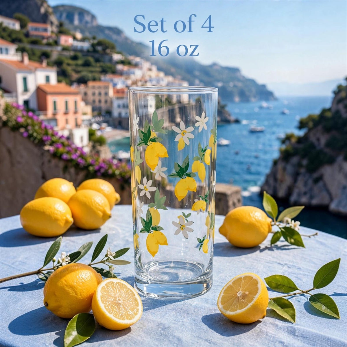 Set of 4 Clear premium Glass 16 oz Highball Drinking Glasses Lemon Floral paint