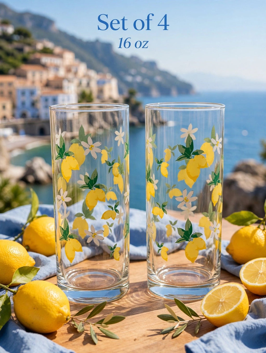 Set of 4 Clear premium Glass 16 oz Highball Drinking Glasses Lemon Floral paint