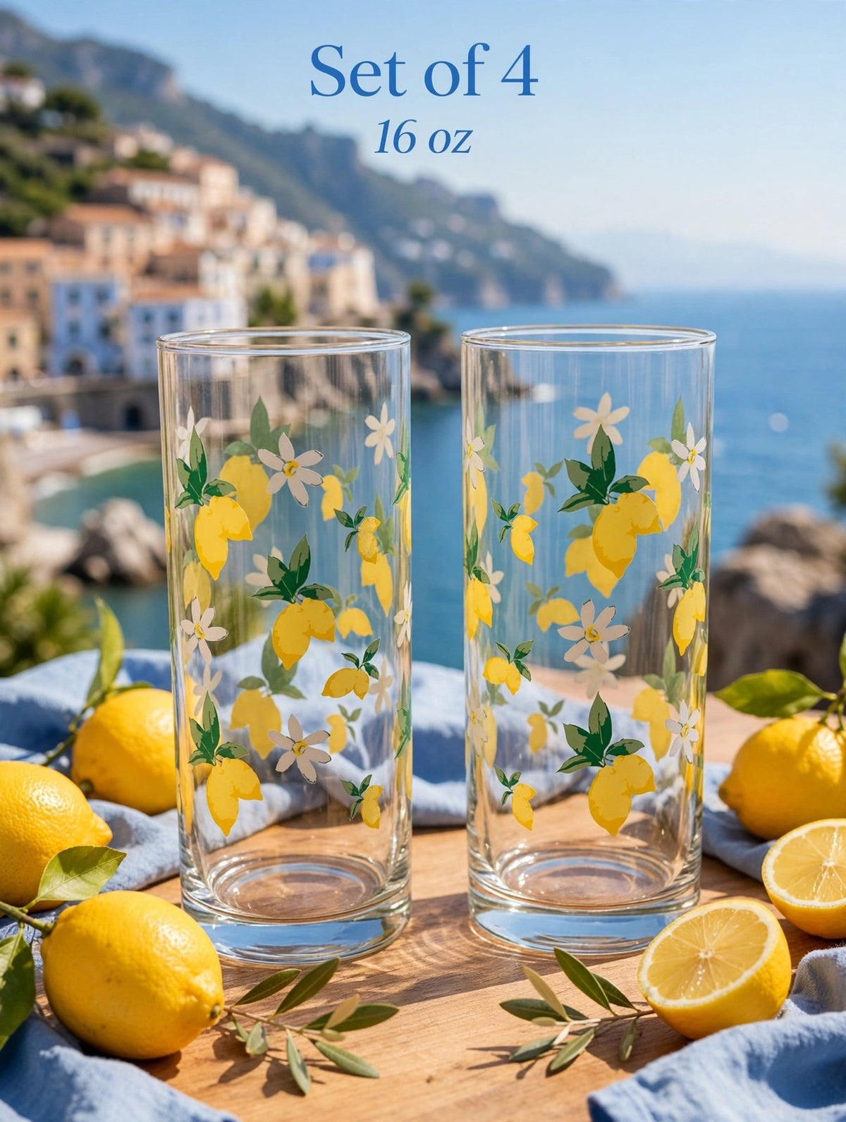 Set of 4 Clear premium Glass 16 oz Highball Drinking Glasses Lemon Floral paint