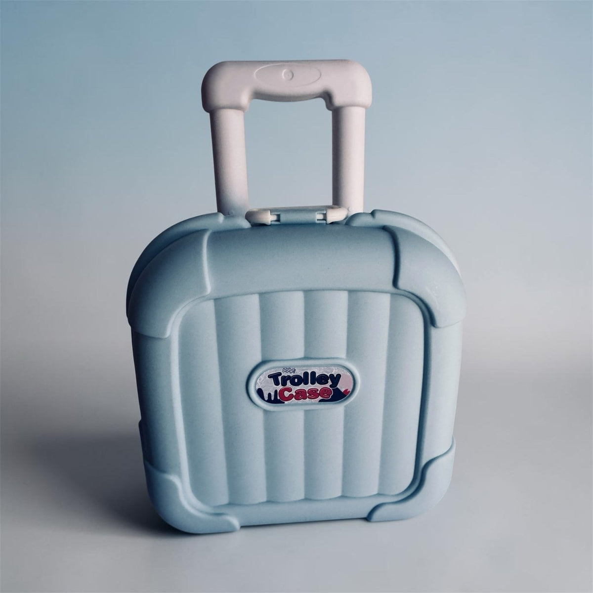 Rolling light blue small case with wheels & retractable handle goes up 2 levels