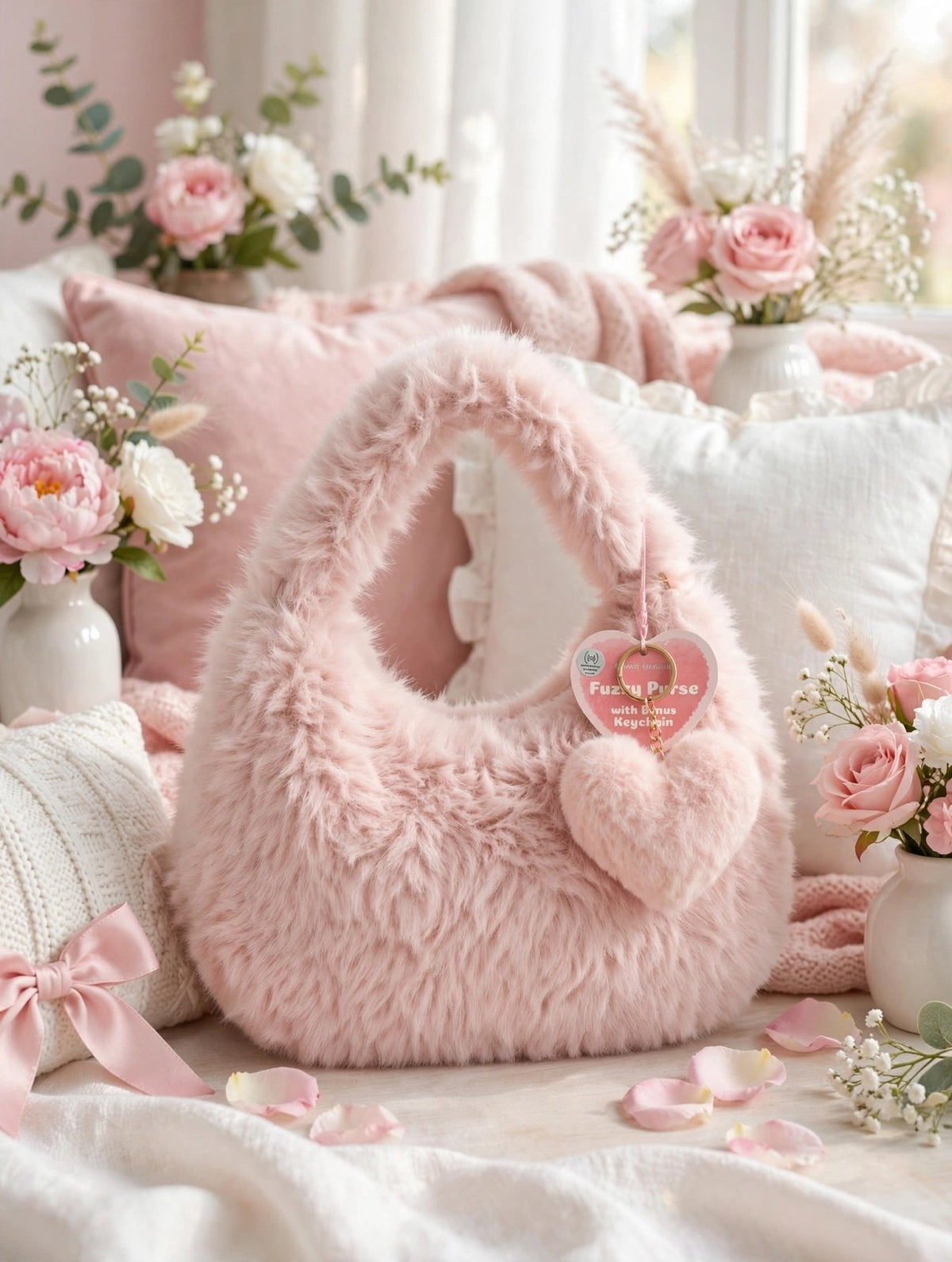 Fuzzy Heart Purse with Keychain