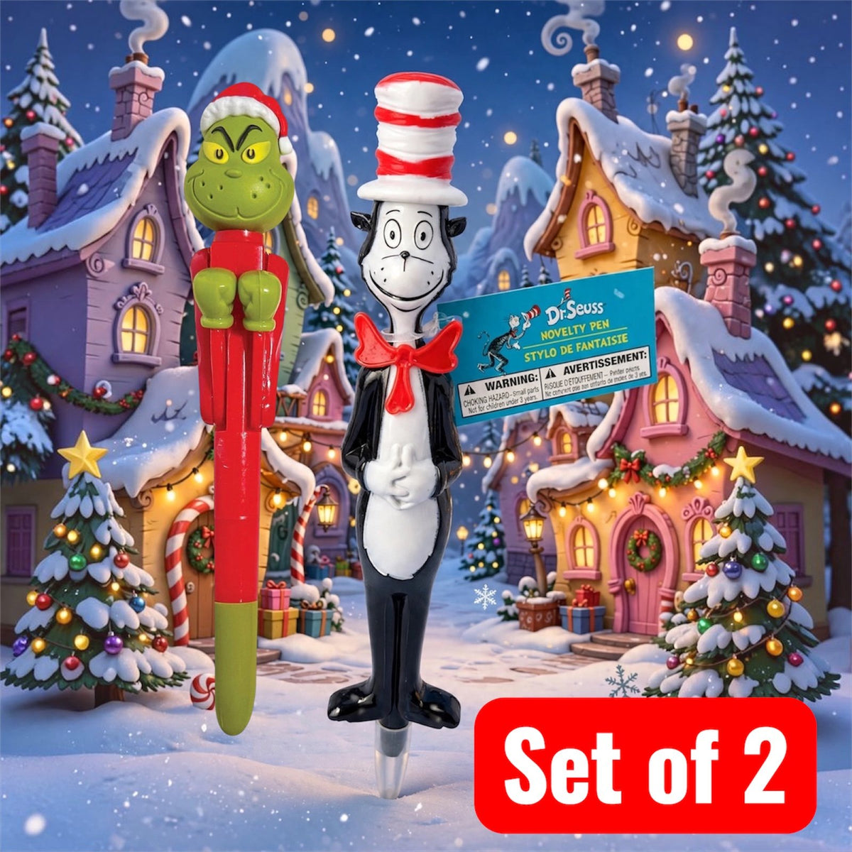 Set of 2 the grinch+cat in the hat pens - Dr. Seuss