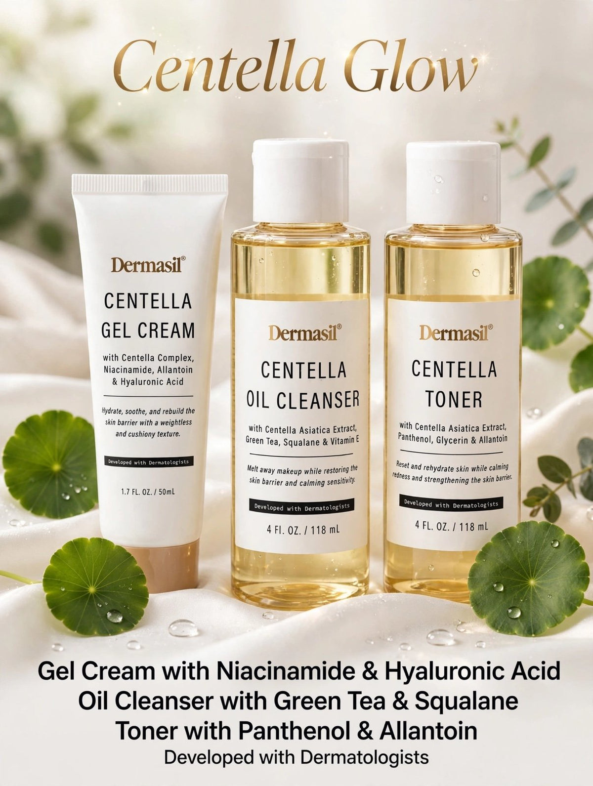 Dermasil Centella Glow Skin Care Set - Gel Cream, Oil Cleanser, Toner