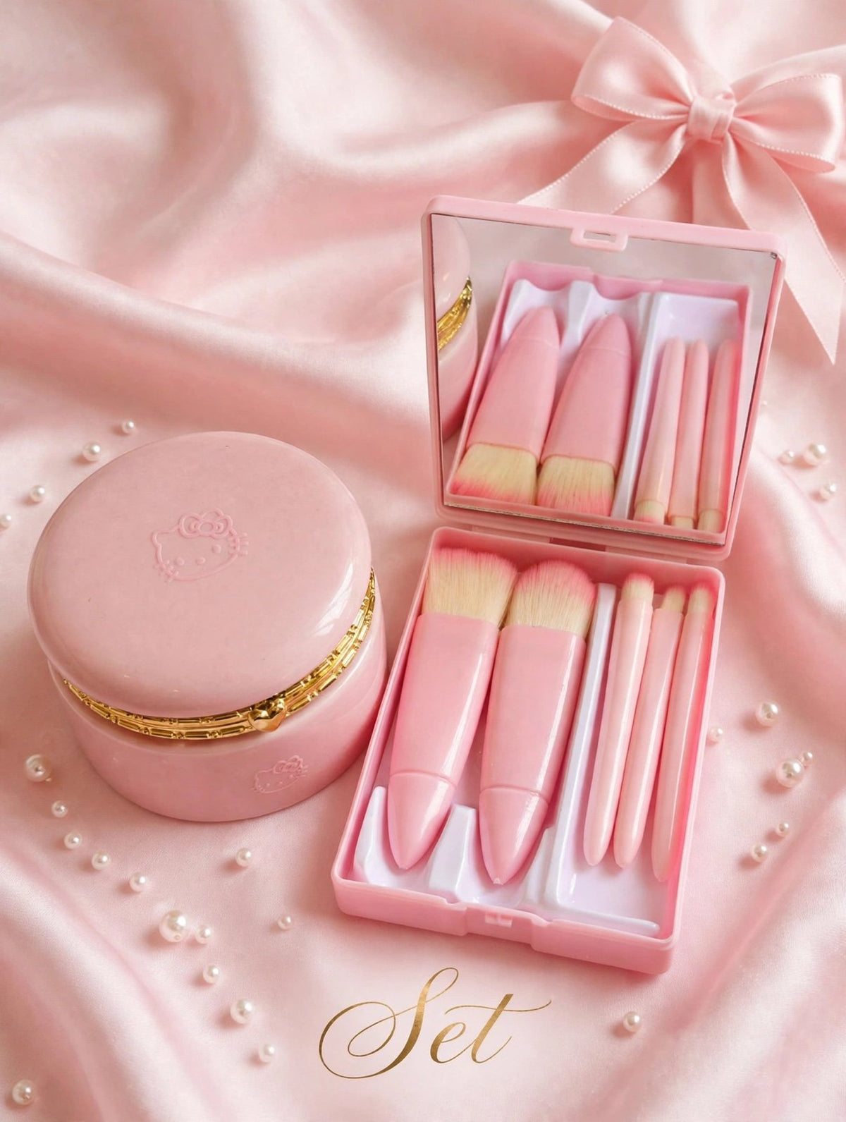 Kitty Pink Makeup Brush Set with Mirror and Case / ceramic jewelry box.