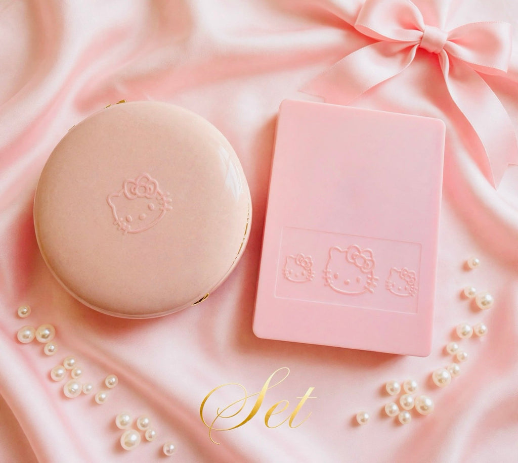 Kitty Pink Makeup Brush Set with Mirror and Case / ceramic jewelry box.