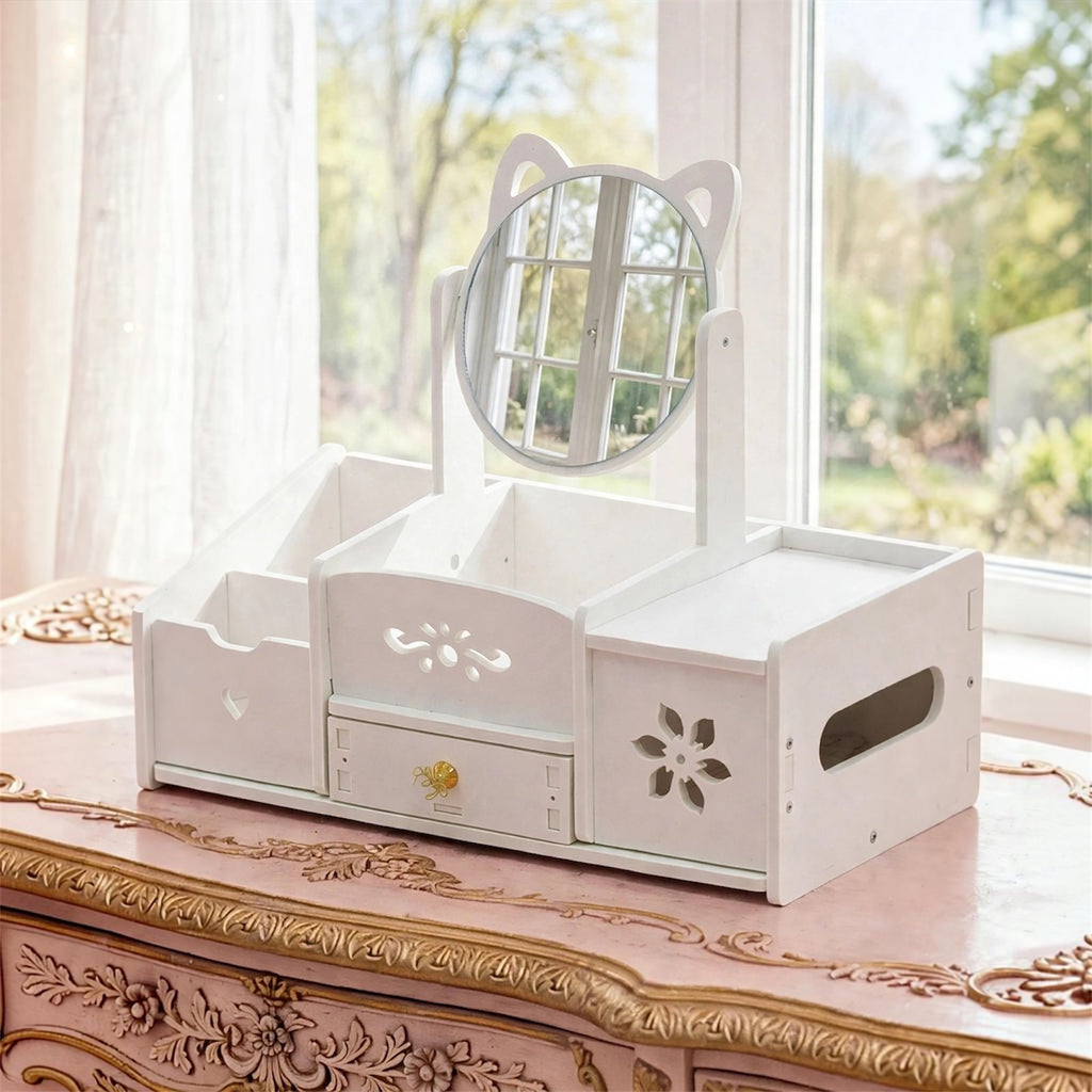 White Cosmetic Organizer with Mirror, Drawer and Facial tissues compartment.