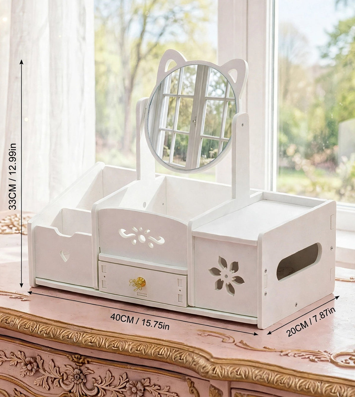 White Cosmetic Organizer with Mirror, Drawer and Facial tissues compartment.