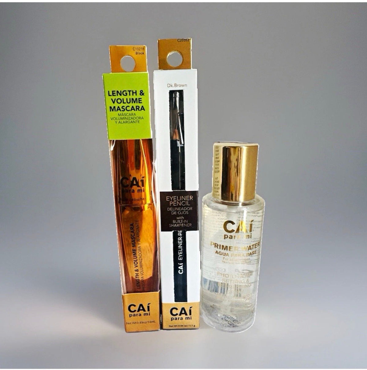 CAÍ Makeup Set: Mascara, Eyeliner Pencil with built in sharpener &Primer Water