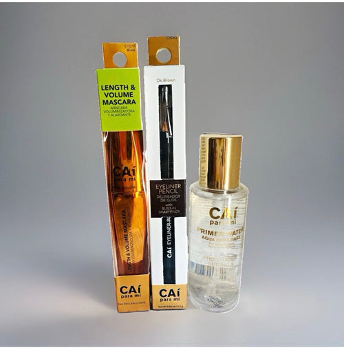 CAÍ Makeup Set: Mascara, Eyeliner Pencil with built in sharpener &Primer Water