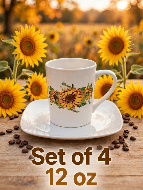 Ceramic Sunflower Floral painted Coffee Mugs 12 oz /4 mugs 4 saucers,8pcs tot