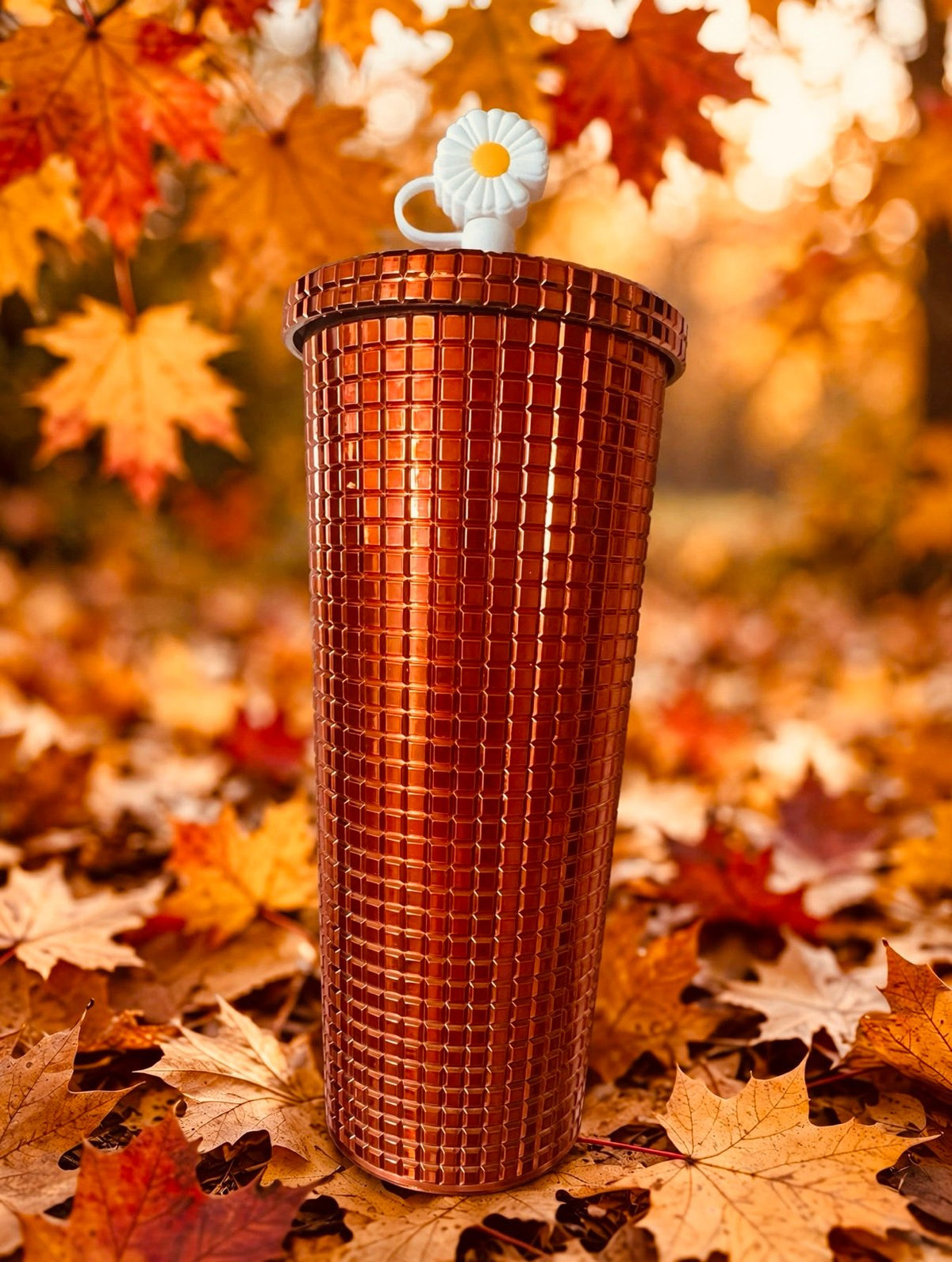 Sparkly Orange Tumbler with Daisy Lid topper