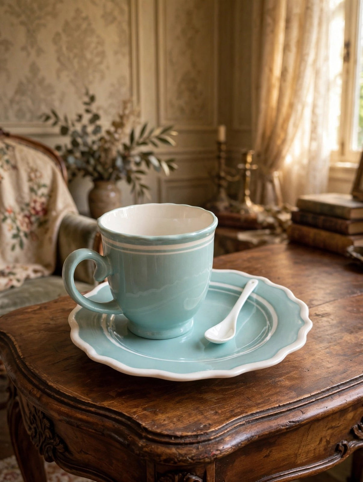 The pioneer woman Vintage ceramic turquoise Teacup and Saucer with Spoon