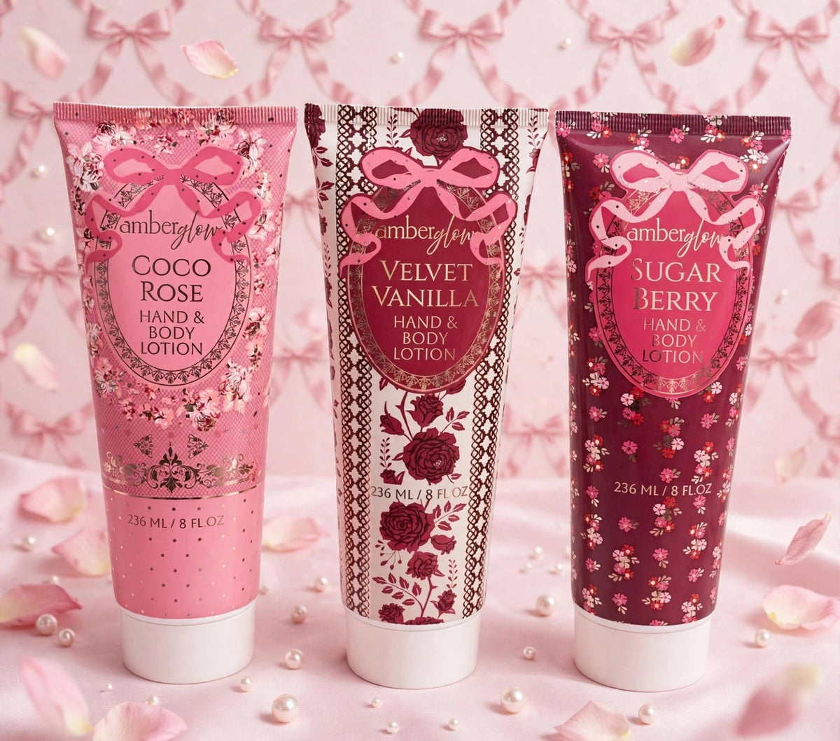 NEW Amberglow Hand & Body Lotion Set - Coco Rose, Velvet Vanilla, Sugar Berry