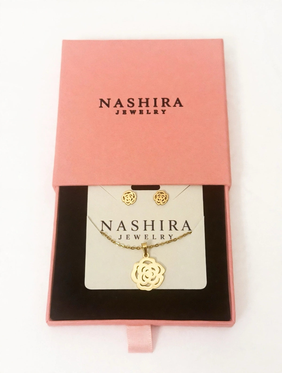 NASHIRA JEWELRY Gold Flower Necklace and Earrings Set in pink gift box