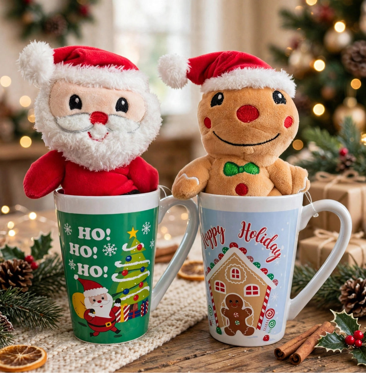 Plush in a Mug - Santa and gingerbread Christmas mug and plush sets